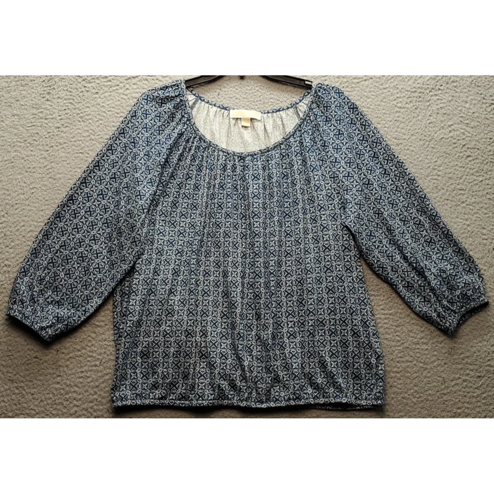 Michael Kors Blouse Top Womens L Multi Geometric Pleated Balloon Sleeve Pullover